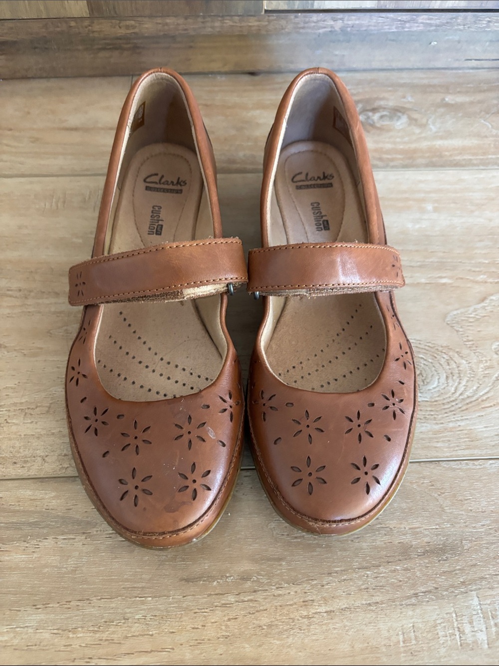Clarks Brown Leather Mary Jane Flats with Perforated Floral Design